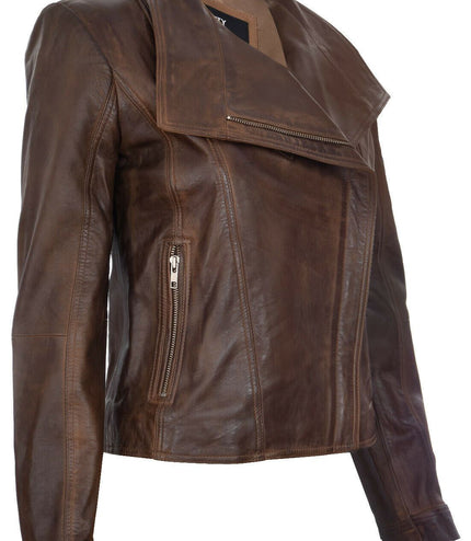 Womens Leather Shawl Wrap Biker Jacket - Riga - Brown