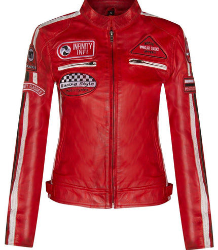 Womens Biker Racing Badges Leather Jacket-Eastleigh - Yellow