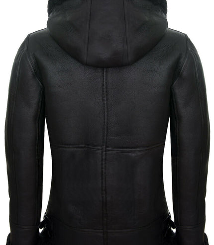 Mens Hooded Sheepskin Leather B3 Flying Jacket-Columbus - Black