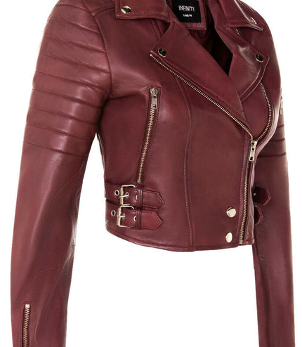 Womens Cropped Brando Leather Biker Jacket-Damascus - Burgundy