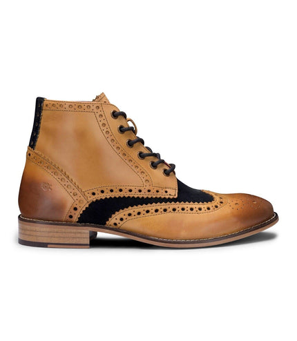 Mens Classic Oxford Tan Leather Gatsby Brogue Ankle Boots With Navy Suede