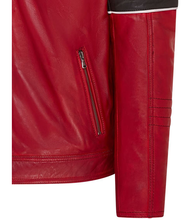Mens Quilted Biker Leather Jacket Racing Jacket - Red