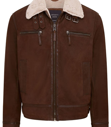 Mens Real Sheep Suede Bomber Jacket Aviator Jacket with Fur Lining - Brown