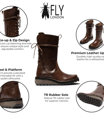 Fly London Women’s Brown Leather Mid-Calf Long Boots - HEIG229