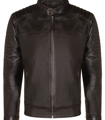 Mens Black Leather Quilted Biker Jacket - Paris