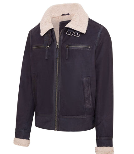 Mens Real Sheep Suede Bomber Jacket Aviator Jacket with Fur Lining - Blue