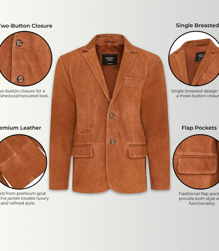 Mens Suede Blazer Jacket Soft Real Italian Leather Fitted Vintage Coat - Rust