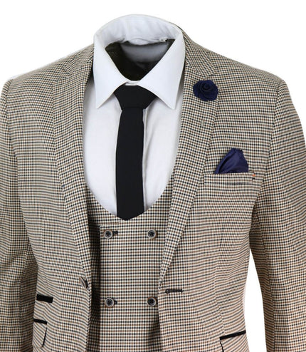 Mens 3 Piece Beige Check Retro Vintage Classic Suit