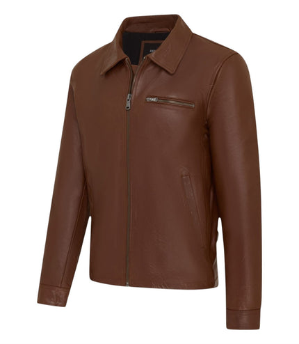 Mens Leather Tan Harrington Collar Biker Jacket - Arick