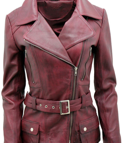 Womens Long Leather Biker Jacket-Quito - Burgundy