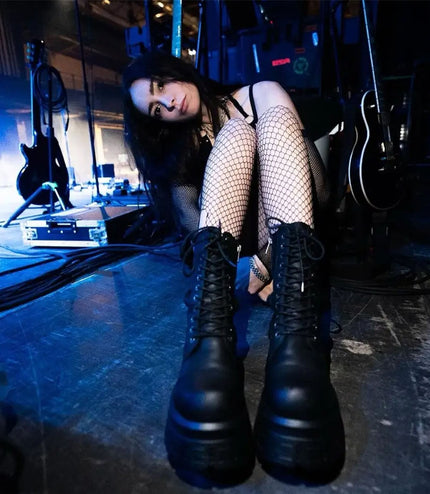 Windsorsmith Womens Black Mid-Calf Biker Leather Platform Combat Boots - Screaming
