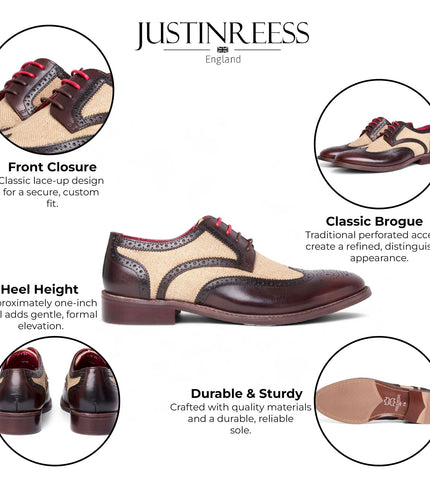 Justin Reess Men's Brown Leather Canvas Detailing Brogue Shoes - Cole