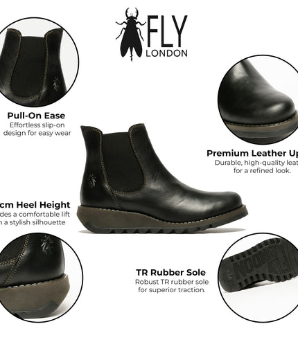 Fly London Womens Black Salv Chelsea Leather Ankle Casual Wedge Heel Boots