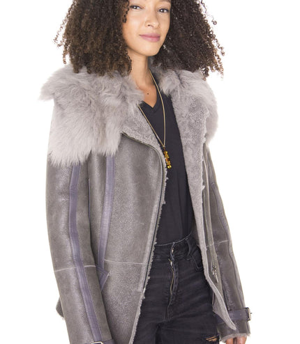 Womens Grey Toscana Shearling Flying Jacket-Teresina