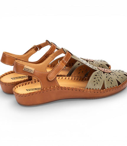 Pikolinos Women's Tan Green Leather Cushioned Wedge Sandal Shoes - P-Vallarta