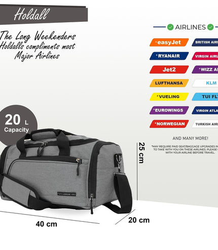 Holdall Carry On 40x 20 x25cm Under-seat Travel Duffel Bag for Ryanair, Easy Jet Grey