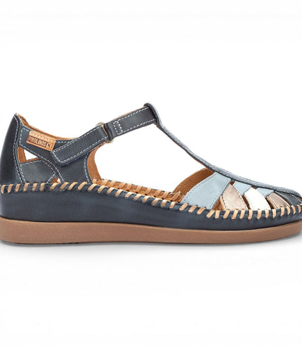 Pikolinos Women's Ocean Blue Leather Semi-Open Wedge Sandal Shoes - Cadaques