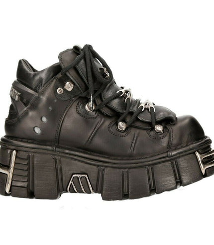 New Rock 106-S1 Black Gothic Leather Ankle Boots with metallic platform sole