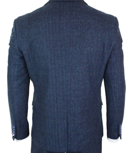 Mens 3 Piece Navy Blue Tweed Herringbone Vintage Classic Suit