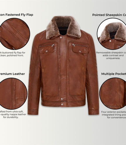 Mens Leather Jacket Trucker Removable Sheepskin Collar Casual Jacket - Tan