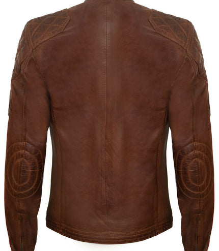 Men's Classic Striped Racing Leather Jacket- Barcelona - Tan