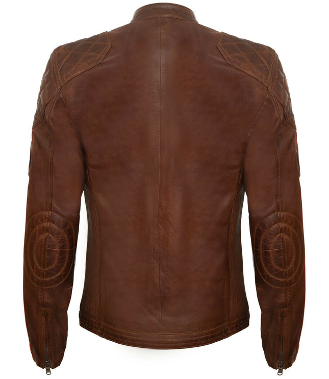 Men's Classic Striped Racing Leather Jacket- Barcelona - Tan
