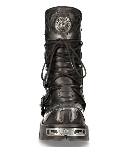 New Rock Flame Accented Black/Silver Leather Biker Boots - 107-S2