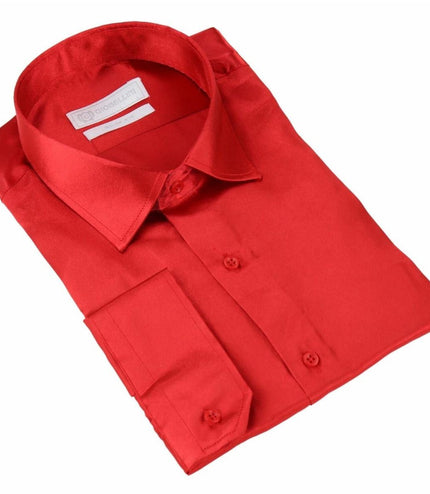 Mens Red Satin Silk Shirt Smart Casual Button Down Cuff Tailored Fit