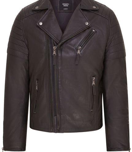 Mens Slim Fit Brando Style Double Cross Zip 100% Leather Biker Jacket - Black