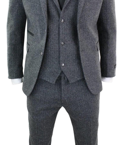 Men's 3 Piece Charcoal Grey Herringbone Tweed Suit