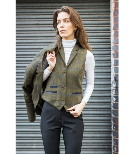 Women's Olive Tailored Fit Tweed Waistcoat in Herringbone Check