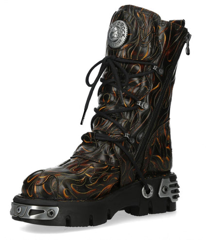 New Rock M-591-C62 Mid-Calf High Black Flame Leather Metallic Gothic Boots