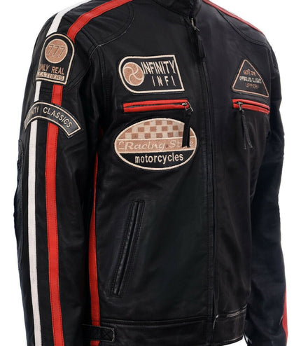 Mens Racing Leather Biker Jacket-Portland - Black