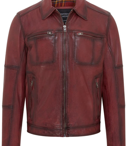 Men's Vintage Classic Short Soft Leather Biker Jacket - Ox Red