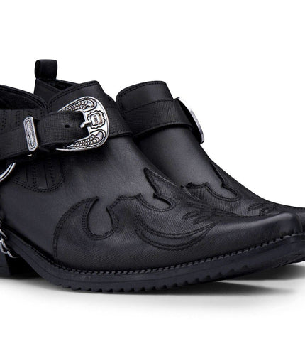 Men's Black Leather Metal Chain Winklepicker Cowboy Boots