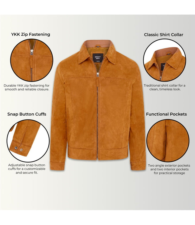 Mens Retro Brown 100% Goat Suede Leather Harington Biker Jacket - Tan