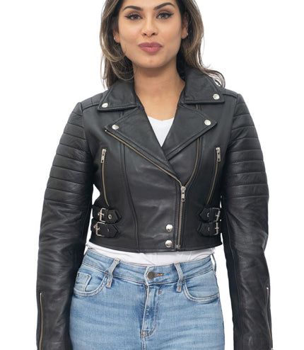 Womens Cropped Brando Leather Biker Jacket-Damascus - Burgundy