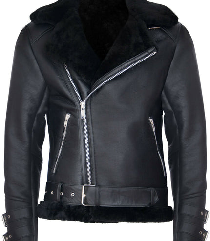 Mens Sheepskin Leather Biker Jacket-Edmonton - Black