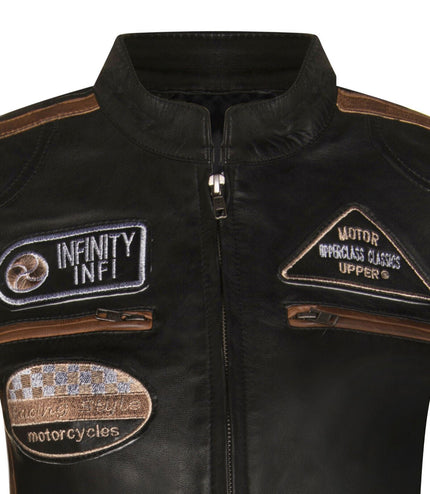 Womens Biker Racing Badges Leather Jacket-Eastleigh - Vintage Tan