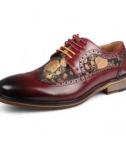 Justin Reess Men's Wine Leather Floral Print Brogue Dress Shoes - Ross