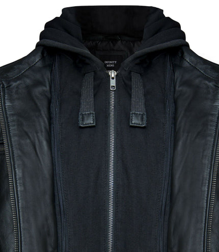 Mens Black Hooded Leather Biker Jacket-Salvador