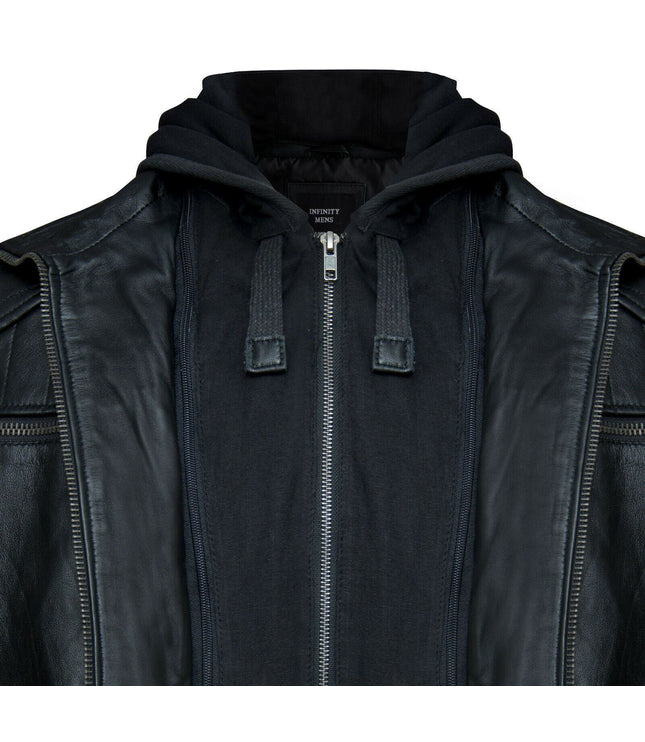 Mens Black Hooded Leather Biker Jacket-Salvador