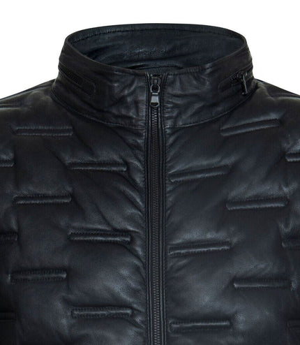 Men's Puffer Quilted Bomber Leather Jacket - Recife - Black