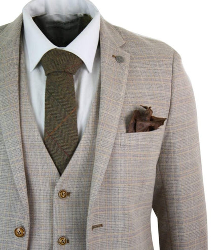 Mens 3 Piece Beige Tweed Check Vintage Retro Suit