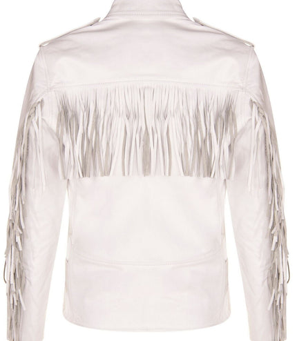 Mens Fringe Hide Leather Biker Jacket- Tokyo - White