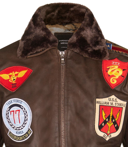 Mens Brown Leather US Aviator Bomber Jacket - Warsaw