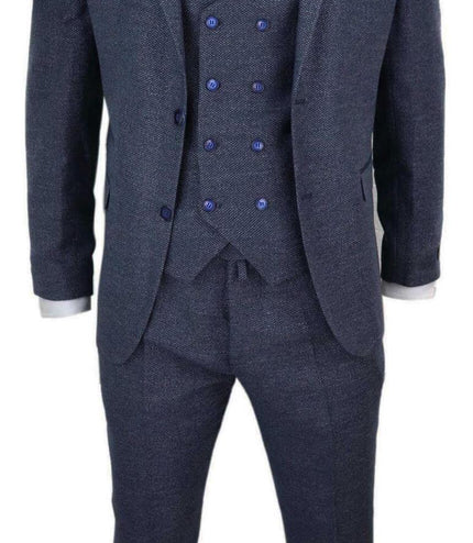 Mens Blue Wool 3 Piece Suit Double Breasted Waistcoat Tweed Peaky Blinders 1920s