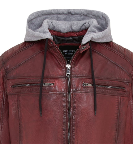 Men's Hooded Biker Lamb Leather Jacket - Burten - Ox Red