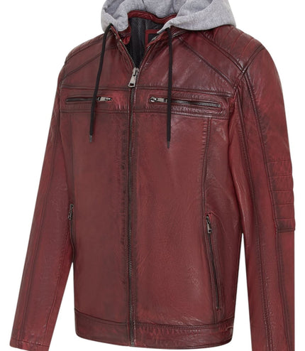 Men's Hooded Biker Lamb Leather Jacket - Burten - Ox Red