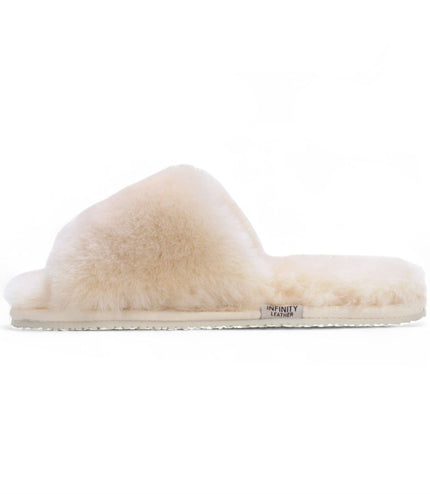 Women's Sheepskin Slippers Beige Warm Winter Fur Sliders - Nordic